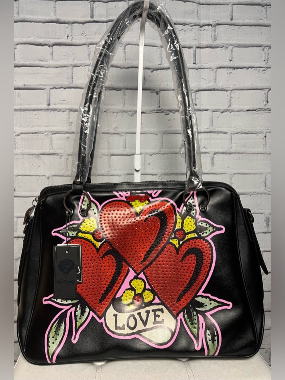 NWT Ed Hardy Black Love Tote with Red Heart Trio and Pink Accents